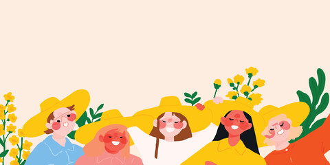 Naklejka premium Celebrating unity and embracing the beauty of nature, a group of radiant people come together, their smiles as bright as the sun, adorned with elegant hats amid flourishing plant life.