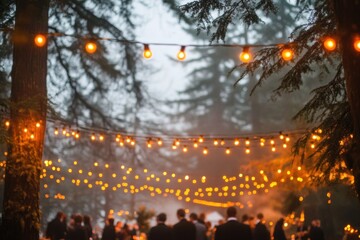 Obraz premium Twinkling lights above guests at Oregon wedding reception in winter
