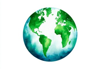 Naklejka premium Watercolor Globe Earth : A Green Planet - Vibrant watercolor painting of Earth, symbolizing nature, ecology, global unity, environmental protection, and sustainability