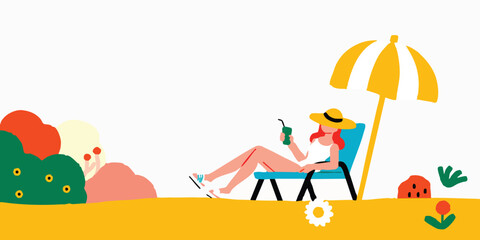 A relaxed individual lounging on a beach chair under the shade of an umbrella, enjoying a beverage in hand, a vibrant illustration of leisure and summertime bliss.