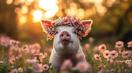 Obraz premium A cheerful pig adorned with a colorful flower crown stands among vibrant blooms under the warm glow of the sun. The pig seems content, surrounded by nature's beauty