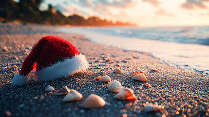 Red Santa Claus hat lying on the sand of a tropical beach with seashells in the foreground