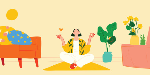 A woman finds peace and mindfulness in the comfort of her home, practicing yoga amidst cheerful decor and bright sunlight.