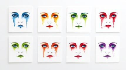 Watercolor Moods: A Spectrum of Emotions - Six watercolor paintings depict a woman's face, each with uniquely colored tears symbolizing sadness, joy, anger, serenity, passion