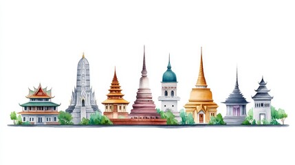 Naklejka premium Watercolor Panorama of Thai Temples and Pagodas - A vibrant watercolor painting showcasing the architectural beauty of Thailand's temples and pagodas, symbolizing faith, history, culture, serenity