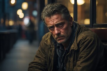 Obraz premium Man sits slumped with a dejected expression on his face. His eyes reflect a deep sense of sadness