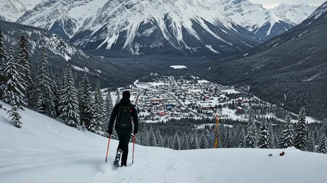 Hiker pauses for the view in winter landscape