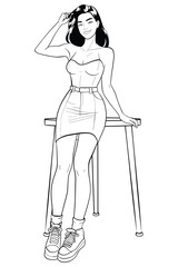 Young woman in a white sleeveless top and blue denim mini skirt leaning casually on a table, hand in hair. Isolated vector illustration for modern fashion.