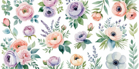 Watercolor floral pattern with peonies and anemones for springtime designs