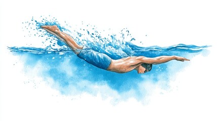 Watercolor Swimmer: Graceful Dive - A watercolor painting of a swimmer executing a perfect dive, symbolizing speed, fluidity, athleticism, freedom, and determination