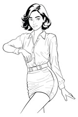 Confident young woman with short dark hair leaning and posing in a white long-sleeve shirt, mini skirt, and belt. Modern and stylish medium shot vector illustration.