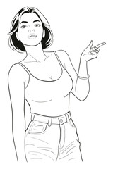 Young woman with short dark hair pointing to the side while wearing a white sleeveless tank top, denim shorts, and a belt. Modern and stylish medium shot vector illustration.