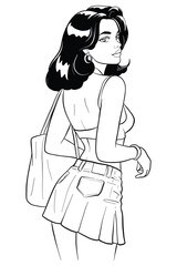 Young woman with dark hair walking and looking back over her shoulder in a white sleeveless crop top, denim mini skirt, and carrying a tote bag. Modern and stylish medium shot vector illustration.