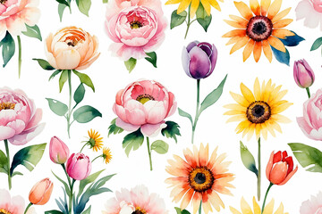 Watercolor floral pattern with peonies sunflowers and tulips on white background