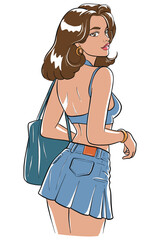 Stylish woman in a blue halter top and denim skirt, looking over her shoulder while carrying a blue shoulder bag. This chic digital drawing shows an attractive young female with wavy brown hair.