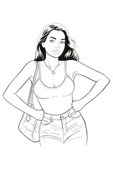 Confident young woman with long dark hair posing with hands on hips, wearing a white sleeveless tank top, denim shorts with a belt, and a shoulder bag.