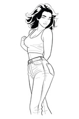 Young woman with short brunette hair in a white sleeveless tank top and blue denim jeans standing casually, looking over her shoulder with a thoughtful expression. Modern and stylish full body.