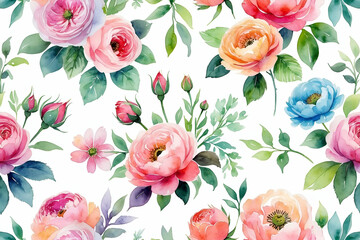 Watercolor floral pattern with roses and green leaves on white background