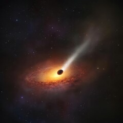 Naklejka premium Cosmic event a celestial body hurtling towards a black hole, emitting a glowing tail A swirling nebula of gas and dust surrounds the black hole