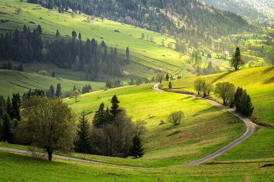 Scenic Landscape view with golden rays in Zamaguri, near Osturna, Slovakia