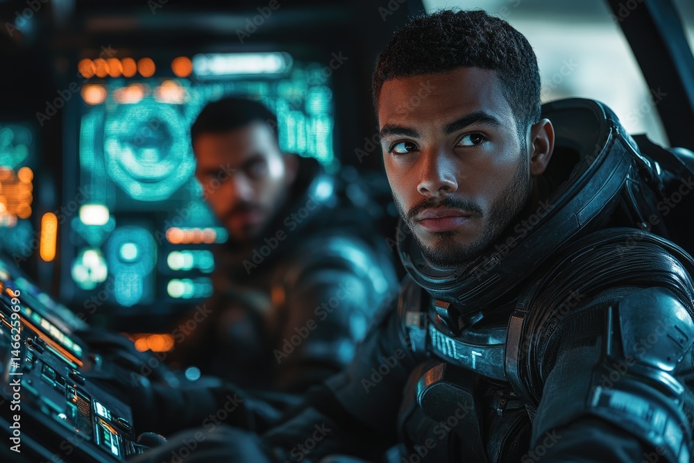 Poster a young astronaut in a futuristic spaceship, focused intently on the control panel, with a crewmate 