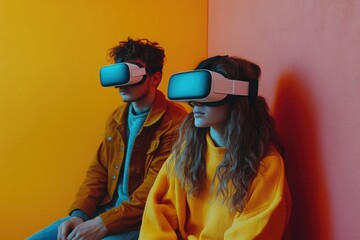 Young couple wearing VR headsets, experiencing immersive virtual reality in a vibrant room.