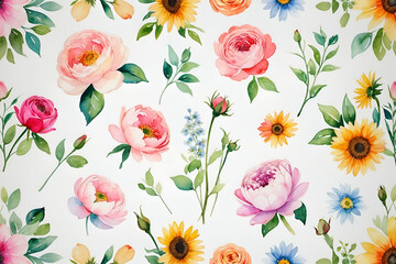 Watercolor floral pattern with roses sunflowers and delicate green leaves