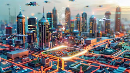 Fototapeta premium Futuristic city with advanced technology Integrated cityscape, drones, and futuristic buildings are powered by a central computer chip