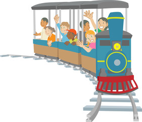遊園地でミニ汽車に乗る多民族の子供達