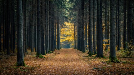 Fototapeta premium Autumnal forest path featuring contrasting trees and the tranquility of nature