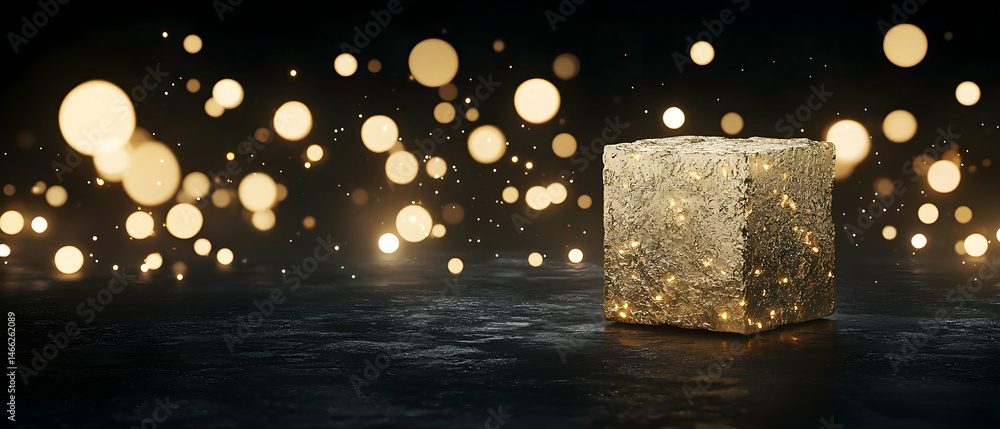 Poster golden cube gift box on dark background with bokeh lights