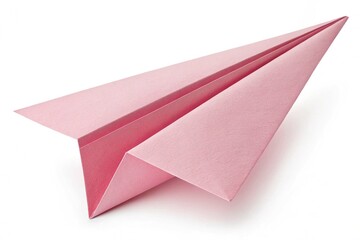 A sharply folded, pastel pink paper airplane with crisp edges, floating in mid-air, symbolizing childhood dreams, simplicity, and lighthearted playfulness, isolated on a white background