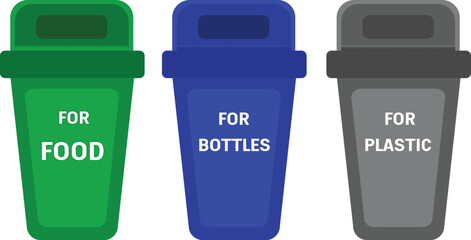  rubbish allocation and colorful info line, waste containers with recycling symbol for plastic bottle and food, bag icons
