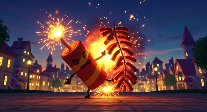 Cartoon firecrackers exploding in night city festive illustration