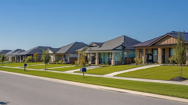 Serene suburban neighborhood showcasing modern homes and meticulously manicured lawns under a clear blue sky for real estate visuals