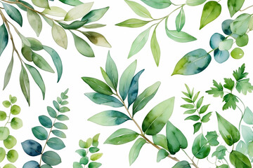 Watercolor green leaves and branches on white background botanical illustration