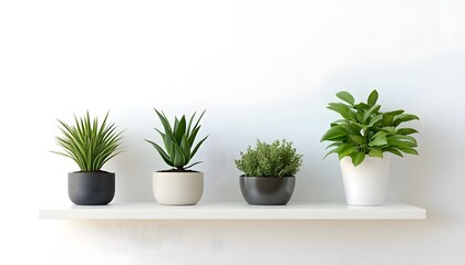 Array of Potted Plants: An elegant display of four potted plants artfully arranged on a simple shelf. The varied foliage adds a touch of natural beauty.