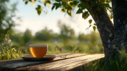 Warm Cup Of Tea On Wooden Table Outdoors