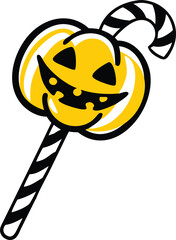 A scary orange jack-o'-lantern pumpkin with a lollipop celebrates the spooky autumn halloween holiday