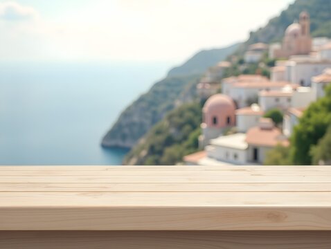 Soft toned wood table with dreamy background of cliffside coastal village, domed rooftops, and serene sea horizon