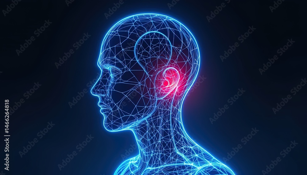 Poster digital representation of a head highlighting a specific ear area.