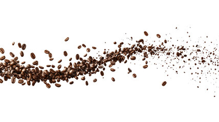 Flying coffee beans scattered diagonally on transparent background