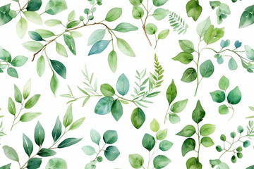 Watercolor green leaves pattern background elegant botanical illustration seamless floral design