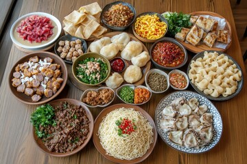 vibrant color image of high angle tasty assortment of noodles on a table