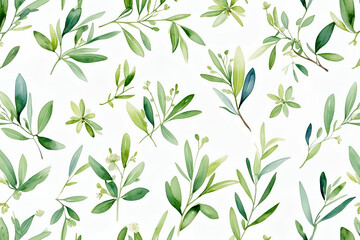 Fototapeta premium Watercolor green leaves seamless pattern on white background nature illustration