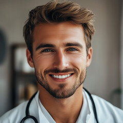 Obraz premium A smiling man with a white coat and a stethoscope. He is a doctor. Concept of warmth and friendliness