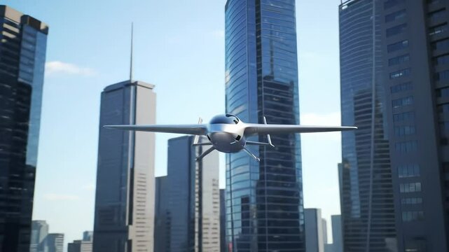 Futuristic Air Taxi Flying Between City Skyscrapers Towards Rooftop Helipad
