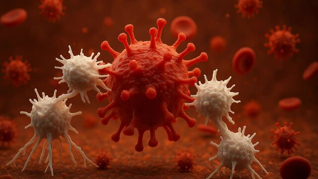 A cinematic 3D animation of white blood cells identifying and attacking a virus. Show macrophages engulfing invaders, and T-cells targeting infected cells in realistic cellular environments