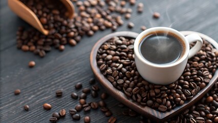 Coffee beans in heart shape around espresso cup on rustic table