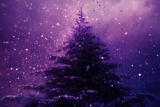 Magical spinning tree, deep violet night sky, sparkles and particles descending like snow